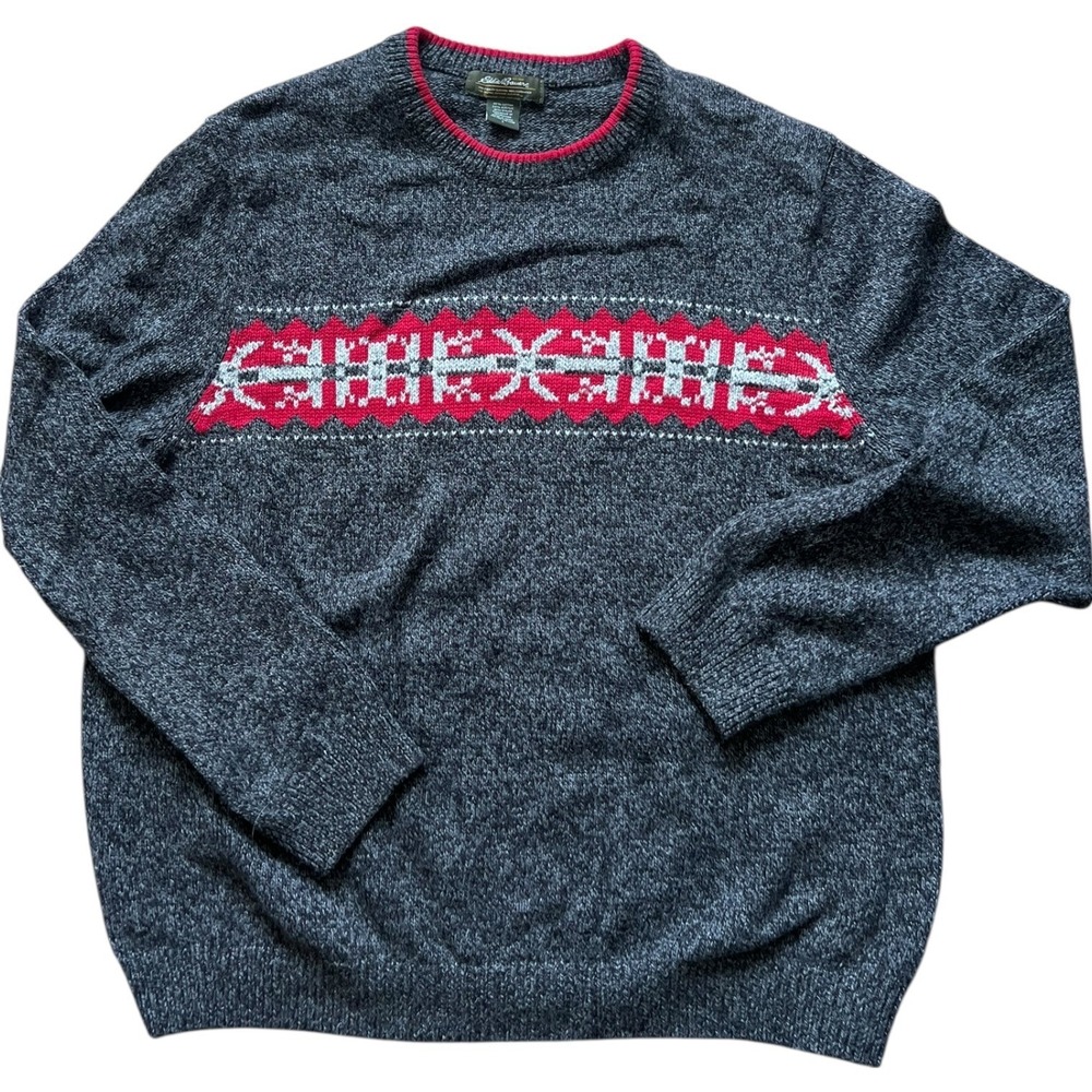 Eddie Bauer Mens Gray Red Fair Isle Cotton Blend Crewneck Sweater Large Preppy